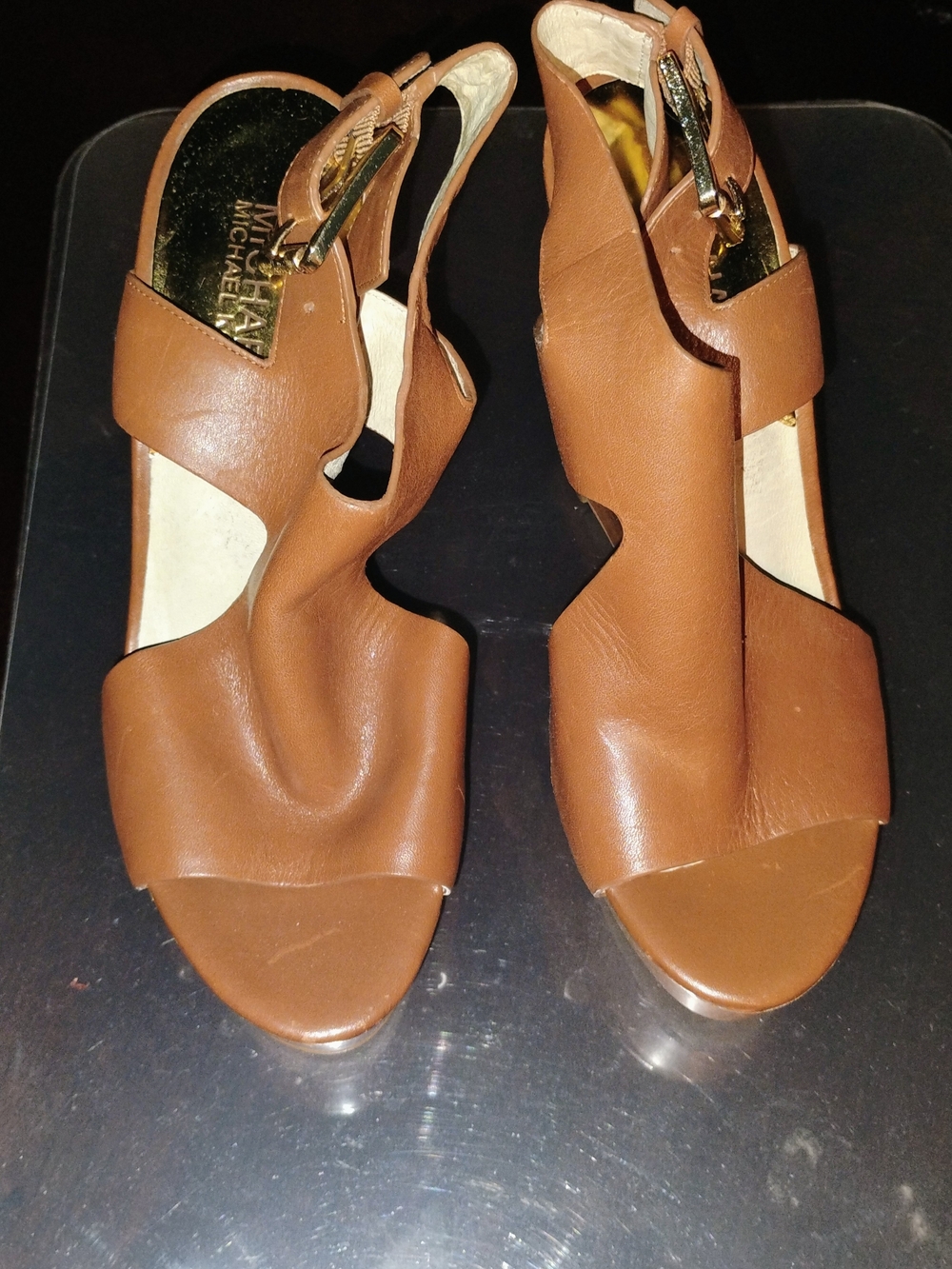 Michael Kors Cognac Leather Open-Toe Slingback Heels